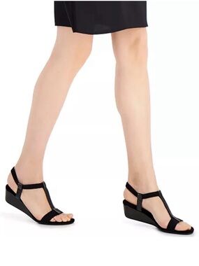 Alfani Step N Flex Voyage Black Mixed Media T Strap Wedge Sandal